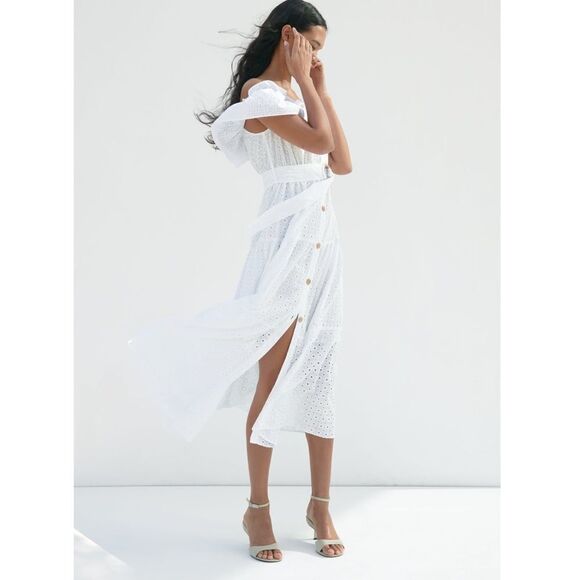 Zara White Openwork Embroidered Midi Dress - Picture 3 of 6